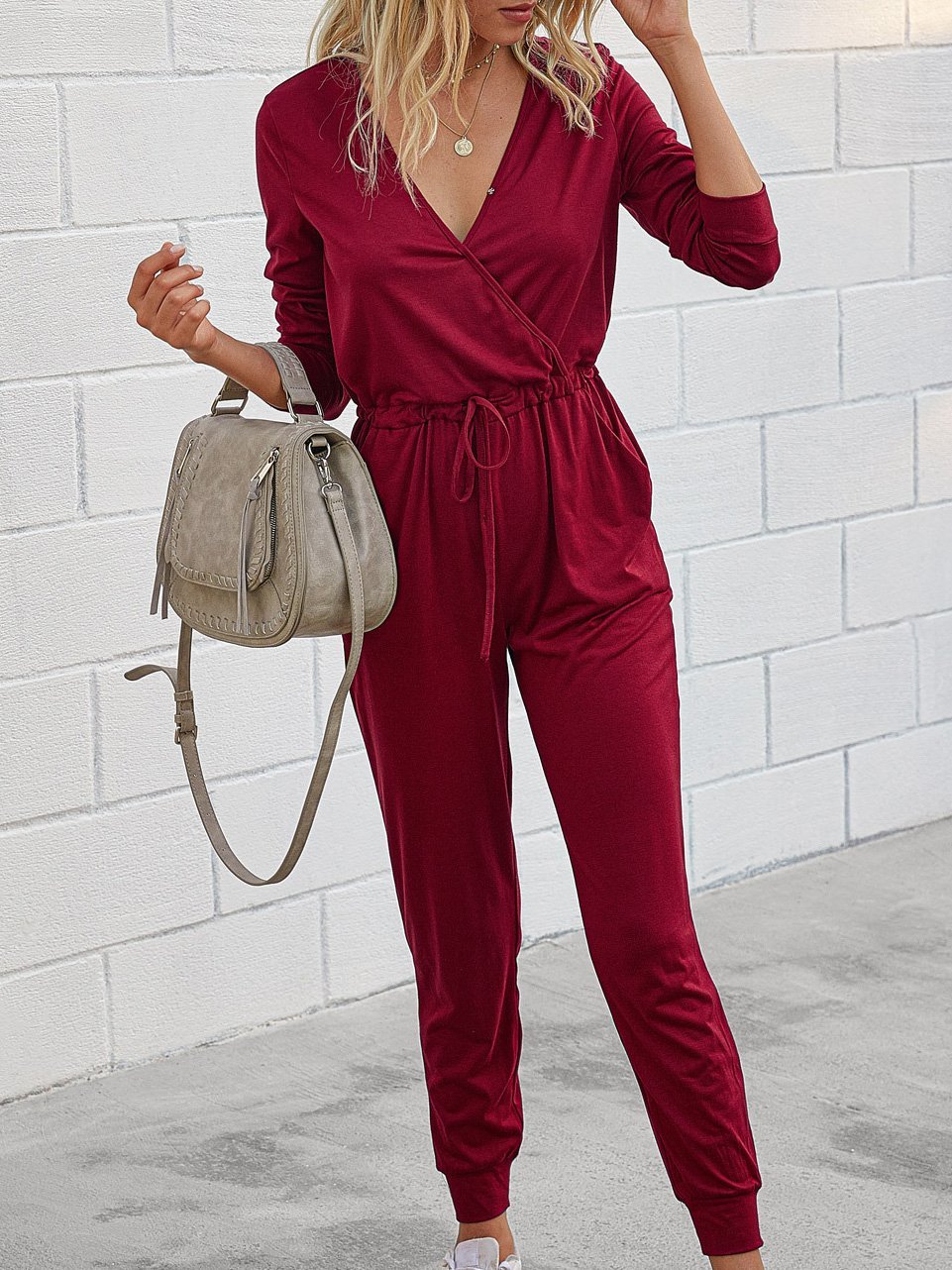 Deep V-Neck Long Sleeve Slim Fit Jumpsuit