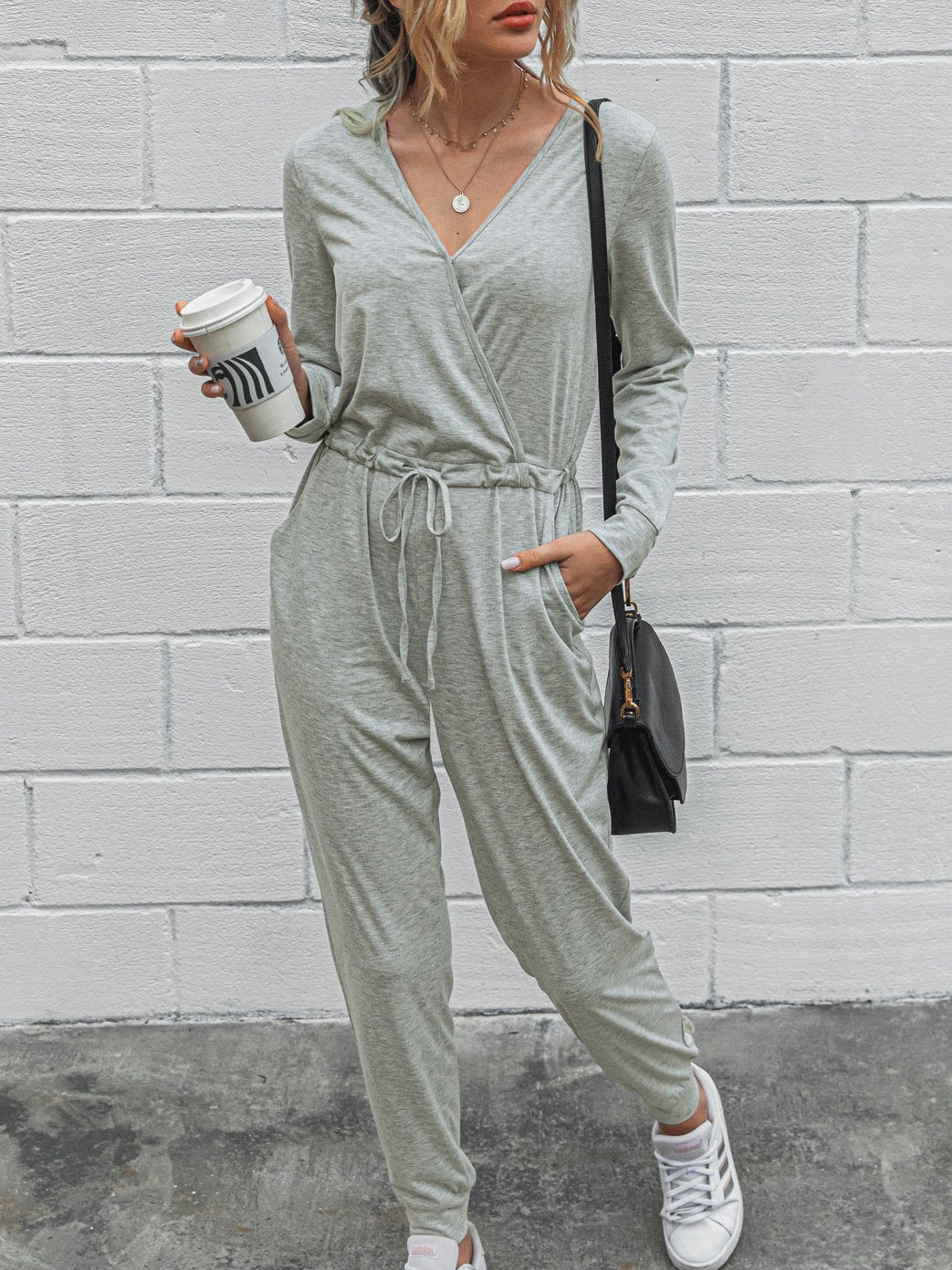 Deep V-Neck Long Sleeve Slim Fit Jumpsuit