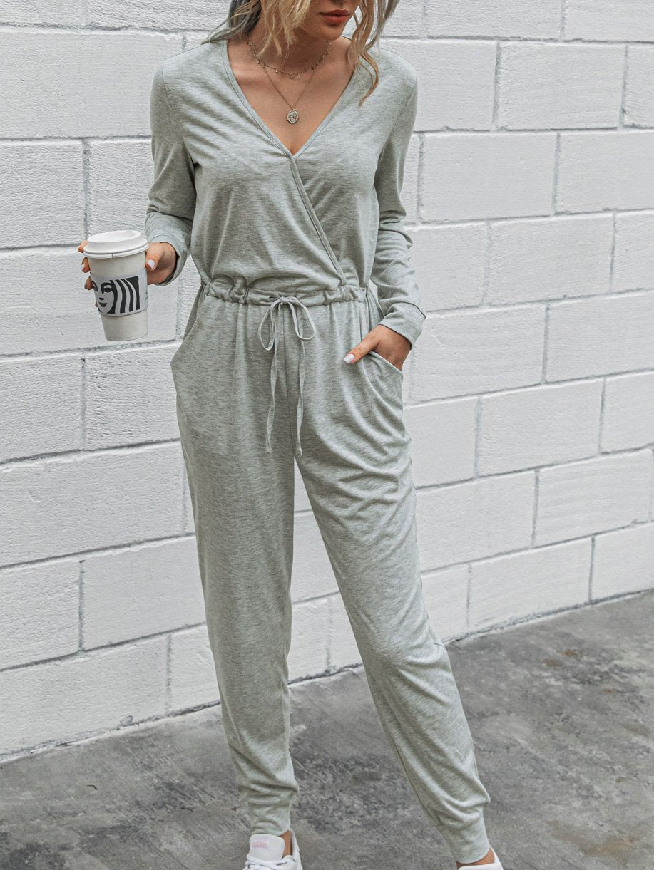 Deep V-Neck Long Sleeve Slim Fit Jumpsuit