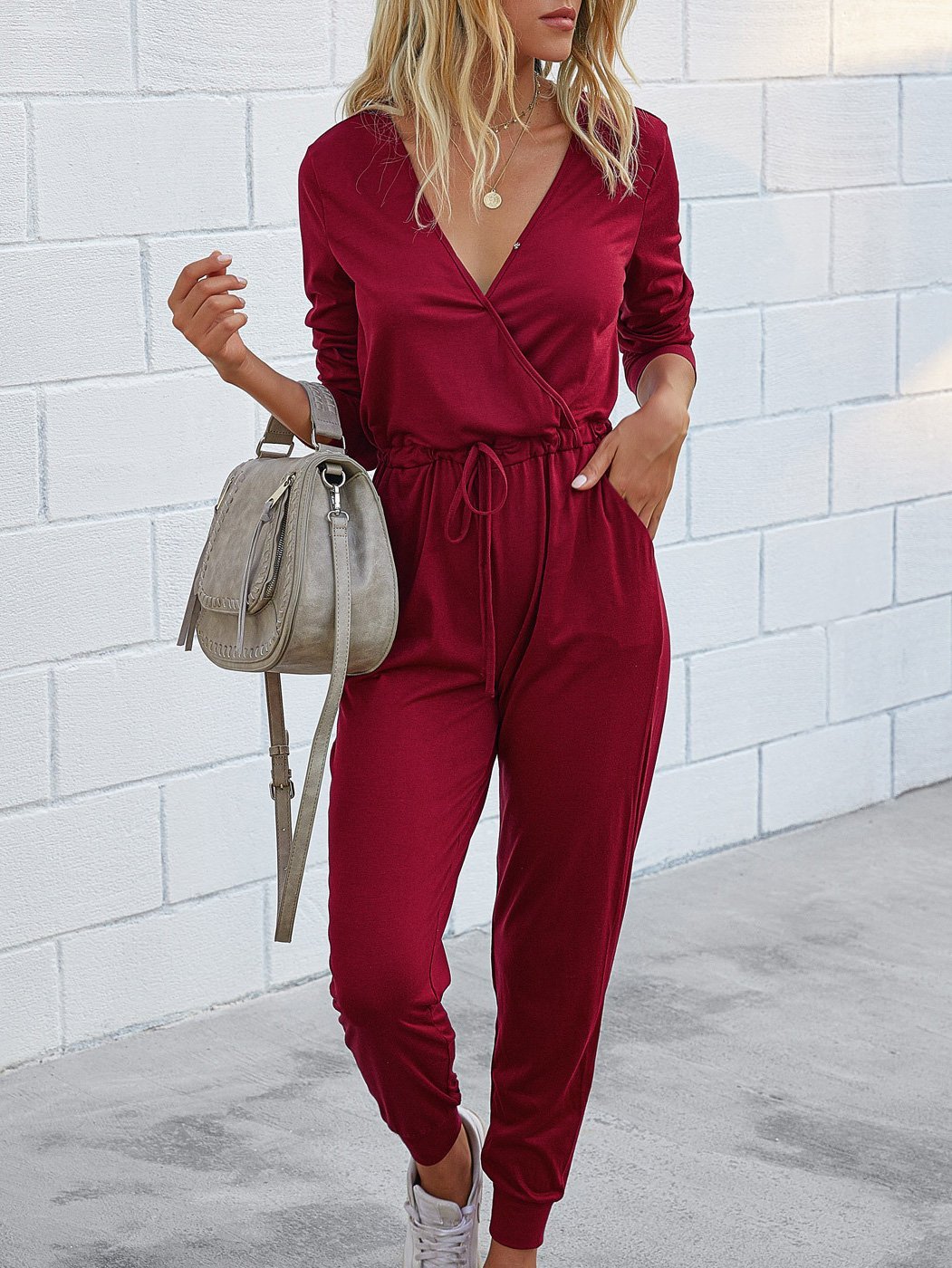 Deep V-Neck Long Sleeve Slim Fit Jumpsuit