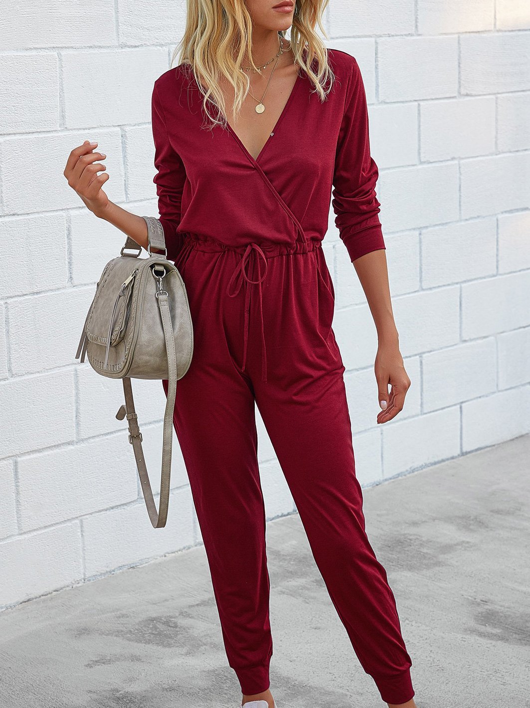 Deep V-Neck Long Sleeve Slim Fit Jumpsuit