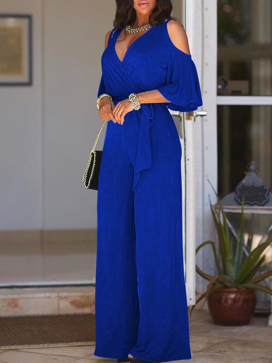 Deep V-Neck Off-Shoulder Belted Wide Leg Jumpsuit