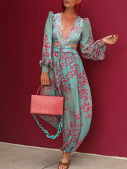 Deep V-Neck Printed Chiffon Long Sleeve Jumpsuit