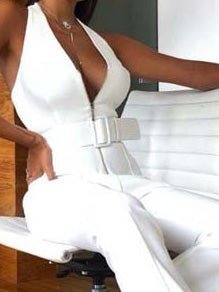 Deep V-Neck Sleeveless Belt Casual Jumpsuit