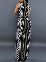 Fashion Printed V-Neck Button Jumpsuit