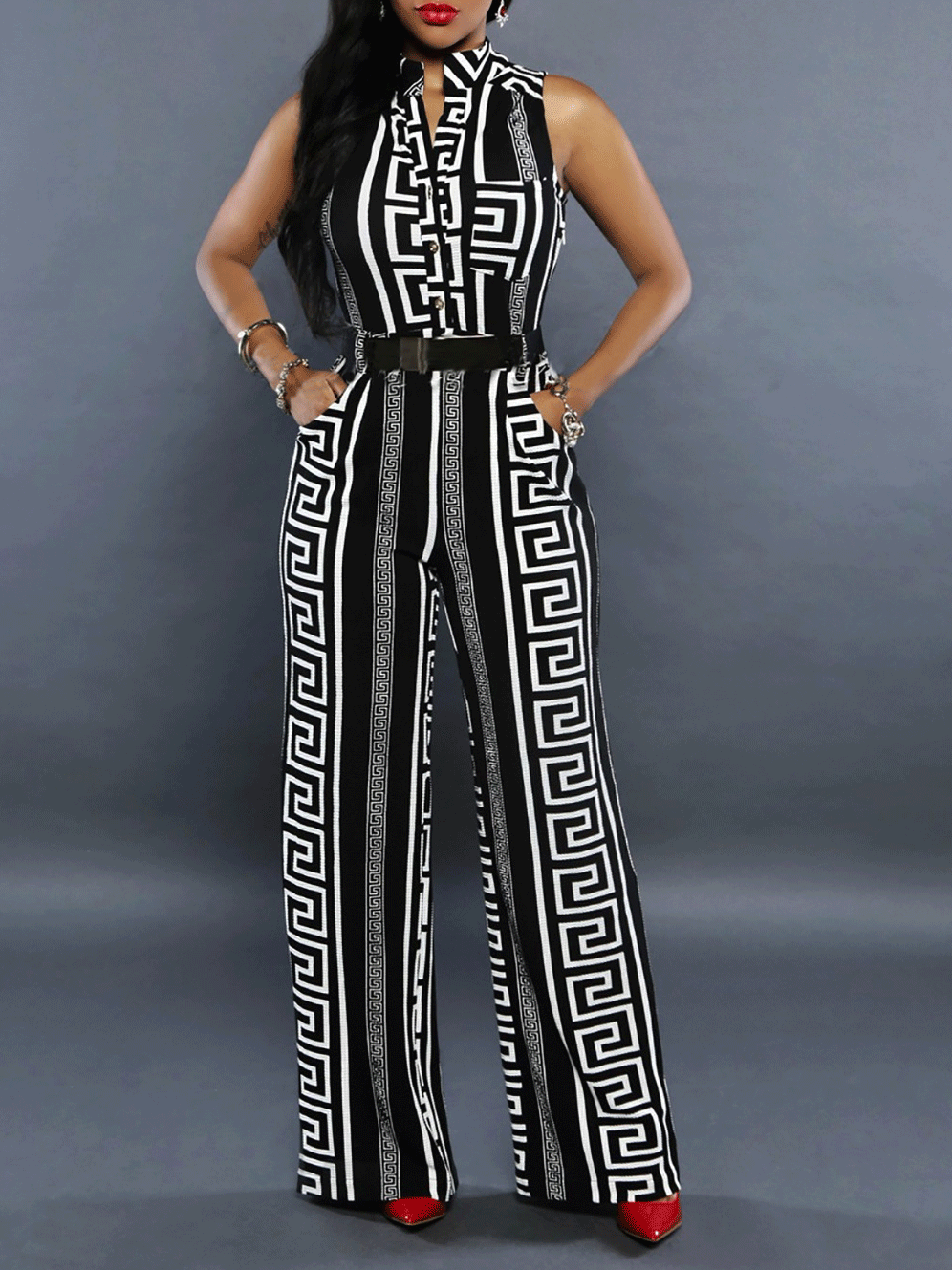 Fashion Printed V-Neck Button Jumpsuit