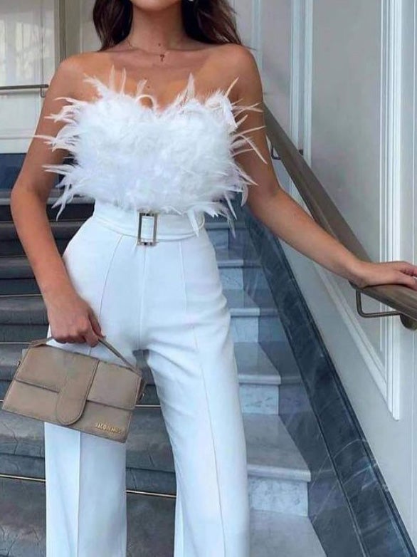 Feather Bandeau Belt Jumpsuit