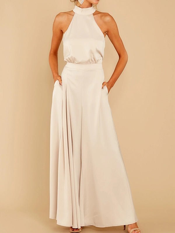 Hanging Neck Off Shoulder Wide Leg Jumpsuit