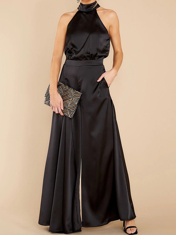 Hanging Neck Off Shoulder Wide Leg Jumpsuit