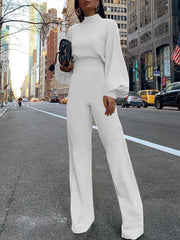 High Neck Open Back Long Sleeve Wide-Leg Jumpsuit