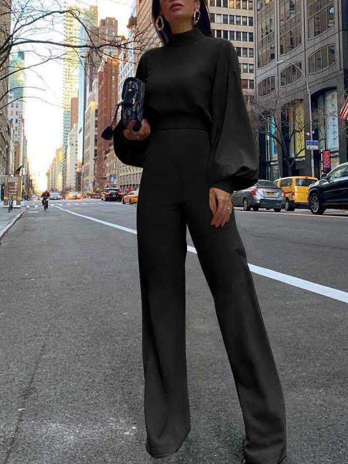 High Neck Open Back Long Sleeve Wide-Leg Jumpsuit