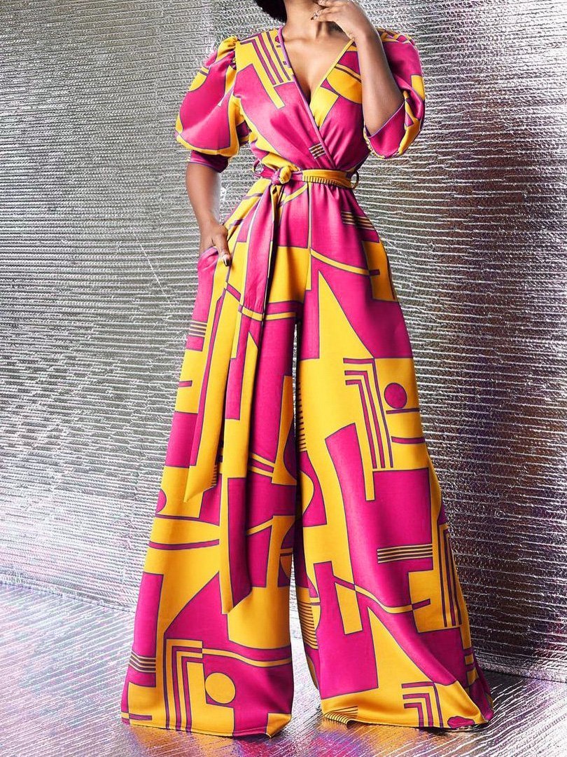 High-Waisted V-Neck Printed Wide-Leg Jumpsuit