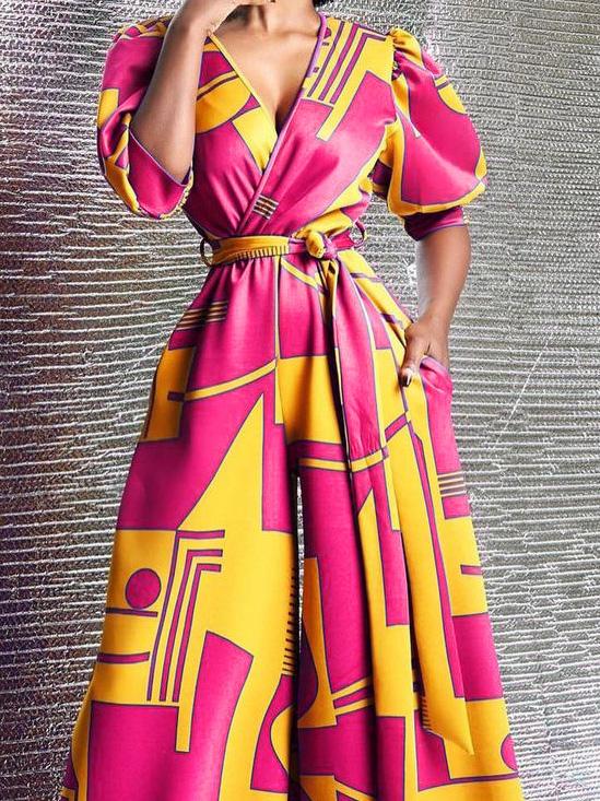 High-Waisted V-Neck Printed Wide-Leg Jumpsuit