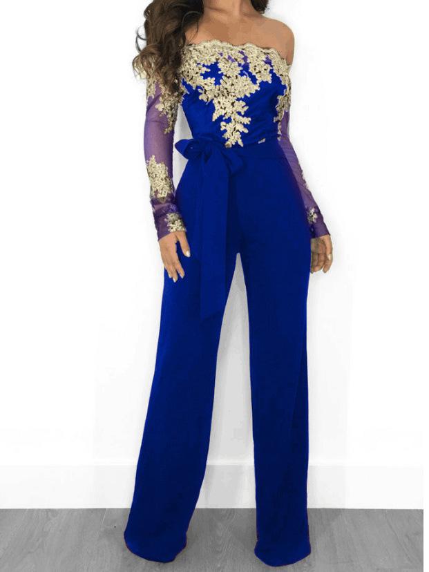 Lace Boat Neck Long Sleeve Wide Leg Jumpsuit