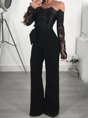 Lace Boat Neck Long Sleeve Wide Leg Jumpsuit