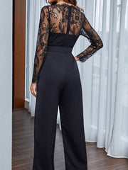 Lace Stitching Belted Hollow Long Sleeve Jumpsuit