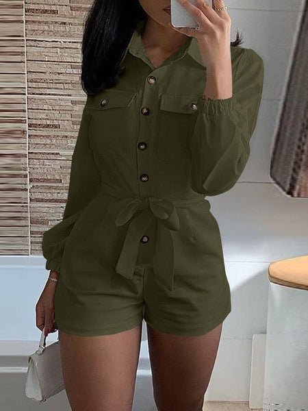 Lapel Long Sleeve Pocket Shorts Casual Jumpsuit