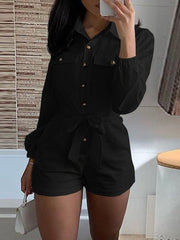 Lapel Long Sleeve Pocket Shorts Casual Jumpsuit