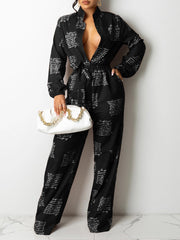 Letter Print Long Sleeve Shirt Jumpsuit With Belt