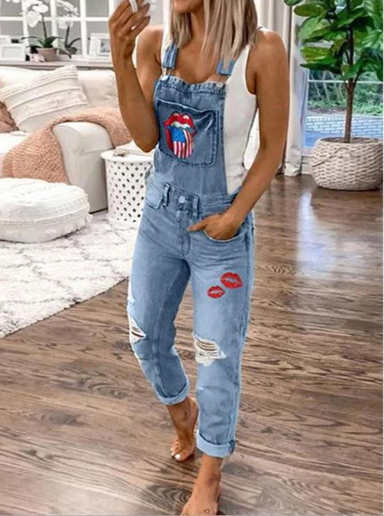 Lip Print Hole Pockets Washed Denim Jumpsuit