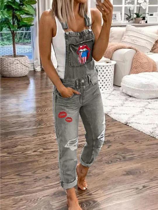 Lip Print Hole Pockets Washed Denim Jumpsuit