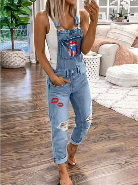 Women's Jumpsuits Lip Print Hole Pockets Washed Denim Jumpsuit