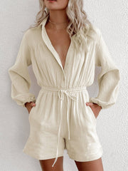 Long Sleeve Drawstring Pocket Single-Breasted Jumpsuit