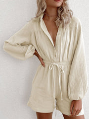 Long Sleeve Drawstring Pocket Single-Breasted Jumpsuit