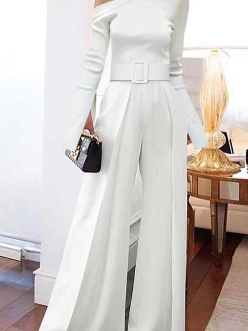 Long Sleeve One-Shoulder Lace-Up Wide Leg Jumpsuit