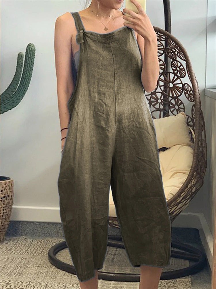 Loose Solid Cotton Linen Bib Jumpsuit