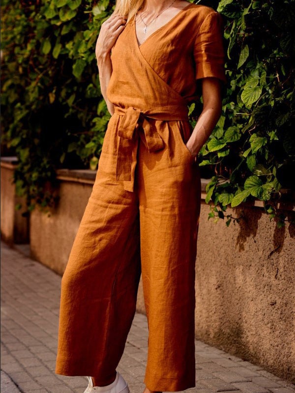 Loose Solid Pocket Short Sleeve Jumpsuit