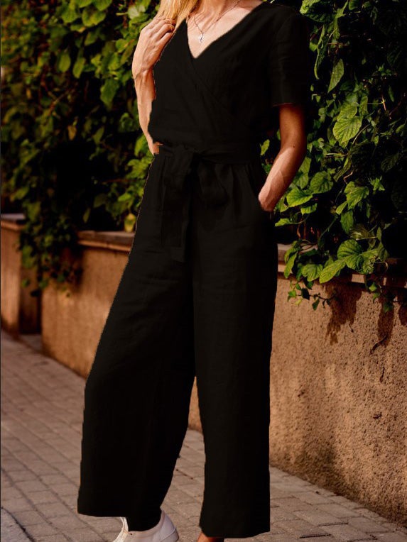 Loose Solid Pocket Short Sleeve Jumpsuit