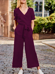 Loose Solid Pocket Short Sleeve Jumpsuit