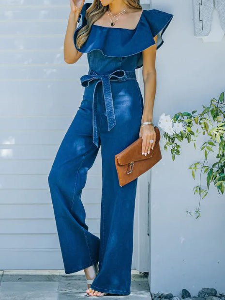 One-Shoulder Ruffled Belted Jumpsuit