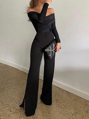 One Word Collar Long Sleeve Slit Jumpsuit