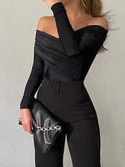 One Word Collar Long Sleeve Slit Jumpsuit